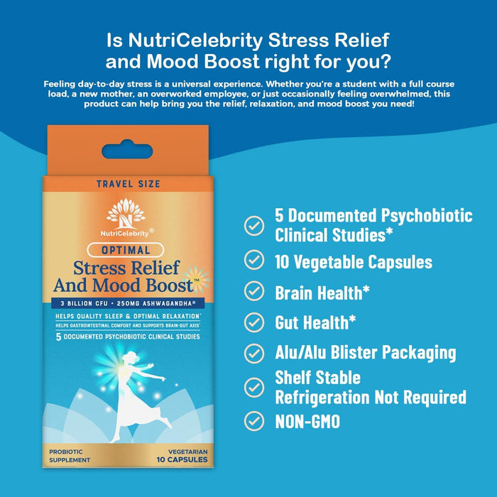 Nutricelebrity Optimal Stress and Mood Boost Supplement Travel Size, Helps Support Restful Sleep, Relaxation, Comfort with Ashwagandha KSM-66 and Cerebiome Probiotic Blend 10 Vegetable Capsules