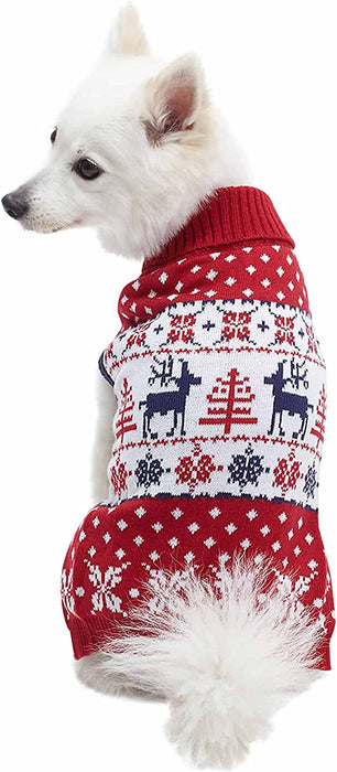 Blueberry Pet Ugly Christmas Reindeer Dog Sweater Turtleneck Holiday Family Matching Clothes for Dog, Tango Red & Navy Blue, Back Length 14", Warm Winter Outfit for Medium Dogs