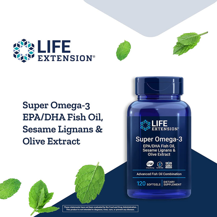 Super Omega-3 EPA/DHA Fish Oil, Sesame Lignans & Olive Extract - For Heart & Brain Health For Inflammation & Cholesterol Management Gluten-Free, Non-GMO Lemon Flavor 120 Softgels