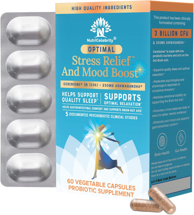 Nutricelebrity Optimal Stress Relief Supplement, Mood Support, Sleep Aid, Ashwagandha Organic, KSM-66, Brain Focus, Probiotics for Women, Gut Health, Vegan Non GMO 60 Days Supply