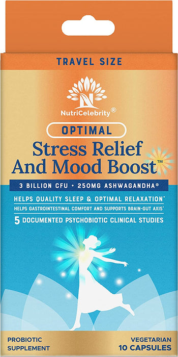 Nutricelebrity Optimal Stress and Mood Boost Supplement Travel Size, Helps Support Restful Sleep, Relaxation, Comfort with Ashwagandha KSM-66 and Cerebiome Probiotic Blend 10 Vegetable Capsules