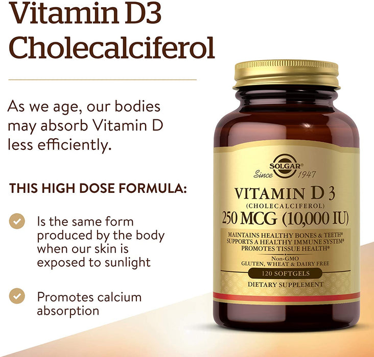 solgar-vitamin-d3-cholecalciferol-10000-iu-120-softgels - Supplements-Natural & Organic Vitamins-Essentials4me
