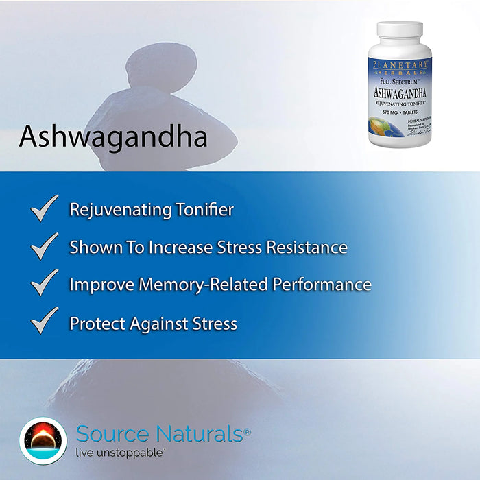 Planetary Herbals Ashwagandha Full Spectrum 570 mg, Rejuvenating Tonifier,120 Tablets