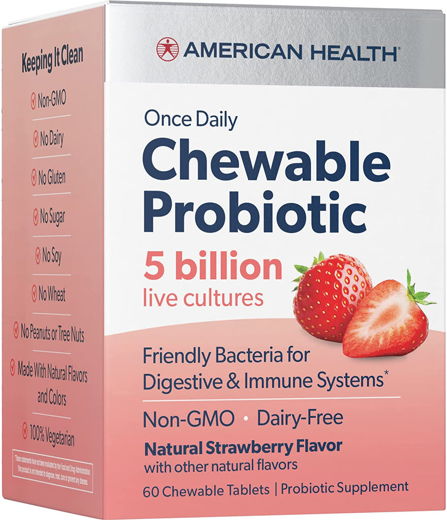 American Health, Once Daily Chewable Probiotic, Natural Strawberry, 50 Billion CFU, 60 Chewable Tablets