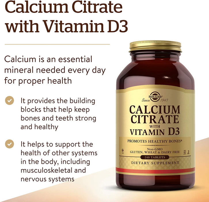 solgar-calcium-citrate-with-vitamin-d3-240-tablets - Supplements-Natural & Organic Vitamins-Essentials4me