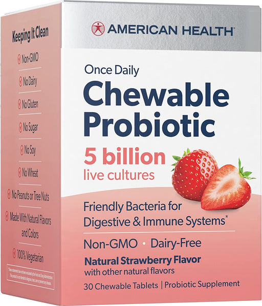 american-health-once-daily-chewable-probiotic-natural-strawberry-5-billion-cfu-30-chewable-tablets - Supplements-Natural & Organic Vitamins-Essentials4me