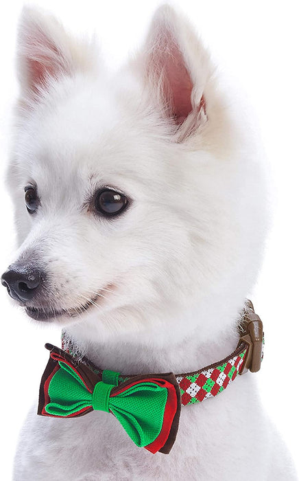 Blueberry Pet Christmas Party Fair Isle Style Adjustable Dog Collar with Detachable Bow Tie, Medium, Neck 14.5"-20"