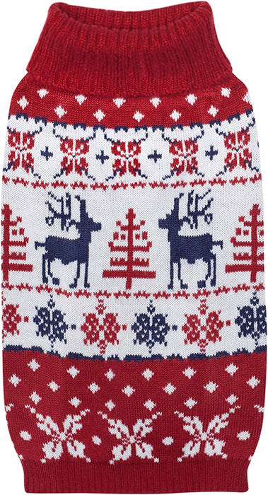 Blueberry Pet Ugly Christmas Reindeer Dog Sweater Turtleneck Holiday Family Matching Clothes for Dog, Tango Red & Navy Blue, Back Length 14", Warm Winter Outfit for Medium Dogs