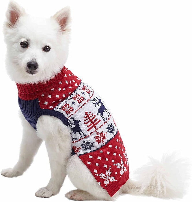 Blueberry Pet Ugly Christmas Reindeer Dog Sweater Turtleneck Holiday Family Matching Clothes for Dog, Tango Red & Navy Blue, Back Length 12", Warm Winter Outfit for Small Dogs