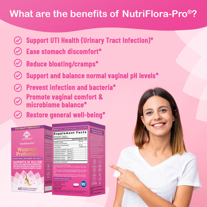Nutricelebrity NutriFlora-Pro Probiotics for Women - Support Vaginal, Urinary Health (UTI), Digestive System, Period Pain, Yeast, and BV Relief, Cranberry Pills, 10 Billion CFU 6 Strains (60 Caps)