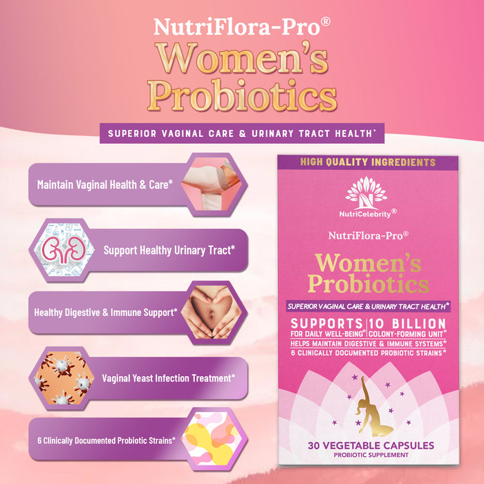 NutriCelebrity NutriFlora-Pro Probiotics for Women - Cranberry Supplement, Supports Vaginal & Urinary Tract Health, Digestive & Immune System Support, 10 Billion CFU Guaranteed, 6 Strains, (30 Caps)