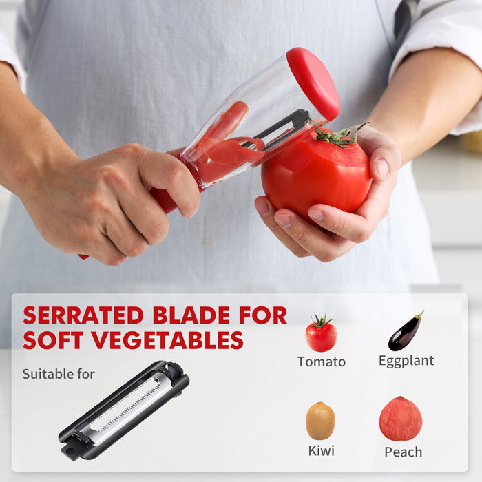 Vegetable peeler with storage container with 3 interchangeable blades