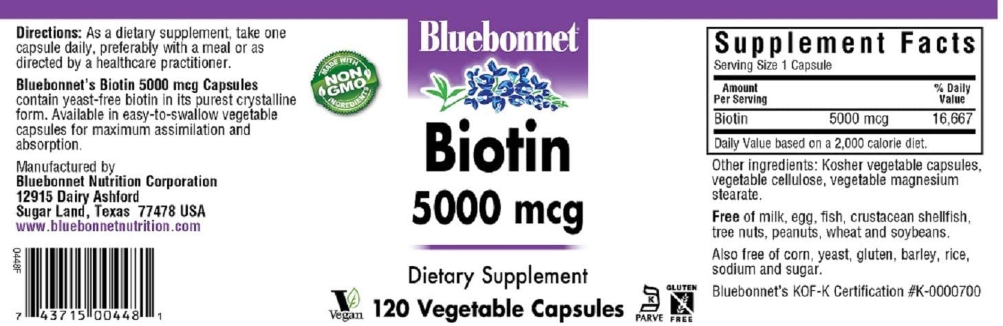 bluebonnet-nutrition-biotin-5-000-mcg-120-vegetable-capsules - Supplements-Natural & Organic Vitamins-Essentials4me