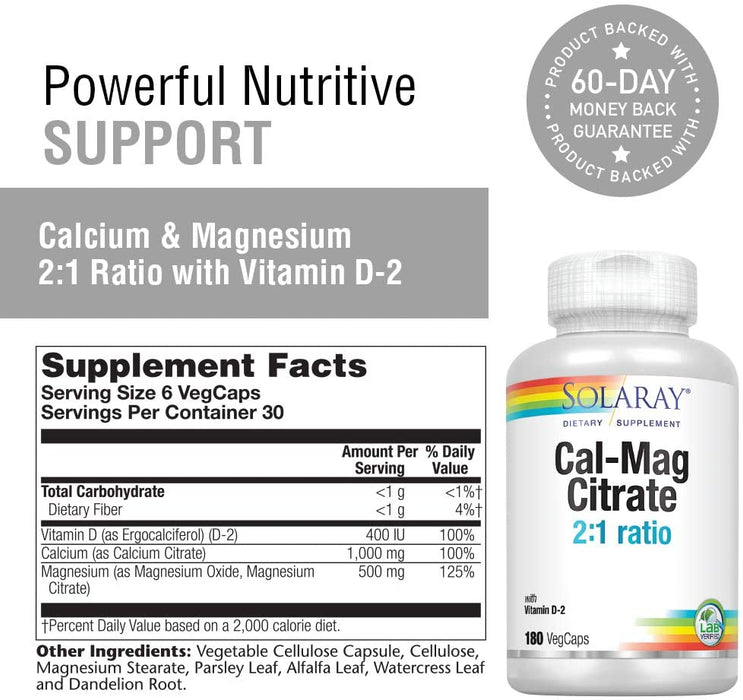 solaray-calcium-magnesium-citrate-with-vitamin-d-2-2-1-ratio-180ct - Supplements-Natural & Organic Vitamins-Essentials4me