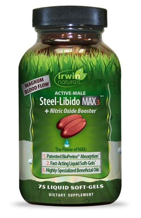 irwin-naturals-active-male-steel-libido-max3-nitric-oxide-booster-75-soft-gels - Supplements-Natural & Organic Vitamins-Essentials4me